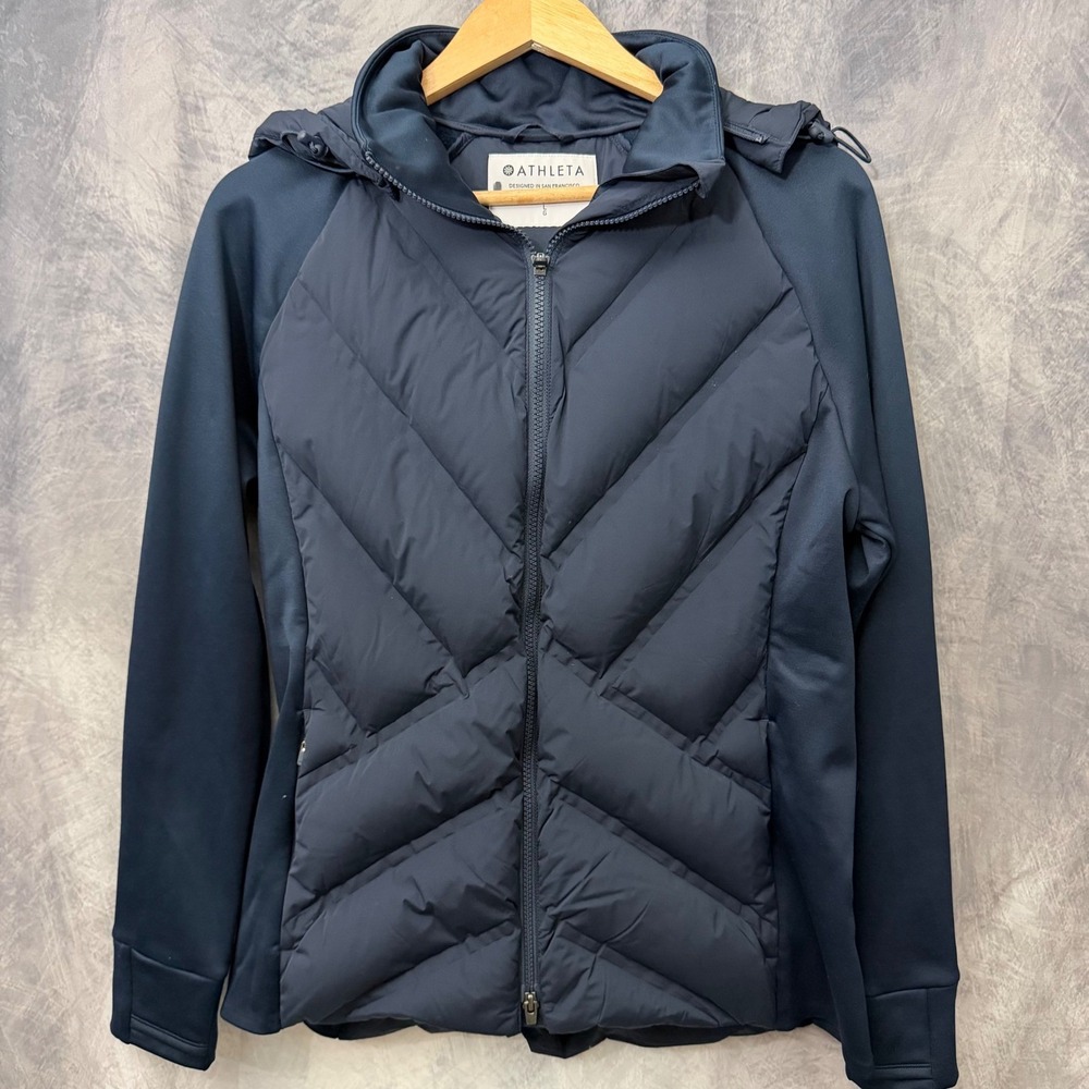 Athleta Inlet Jacket Navy Blue Down Puffer Hybrid Hooded Full Zip Women Large